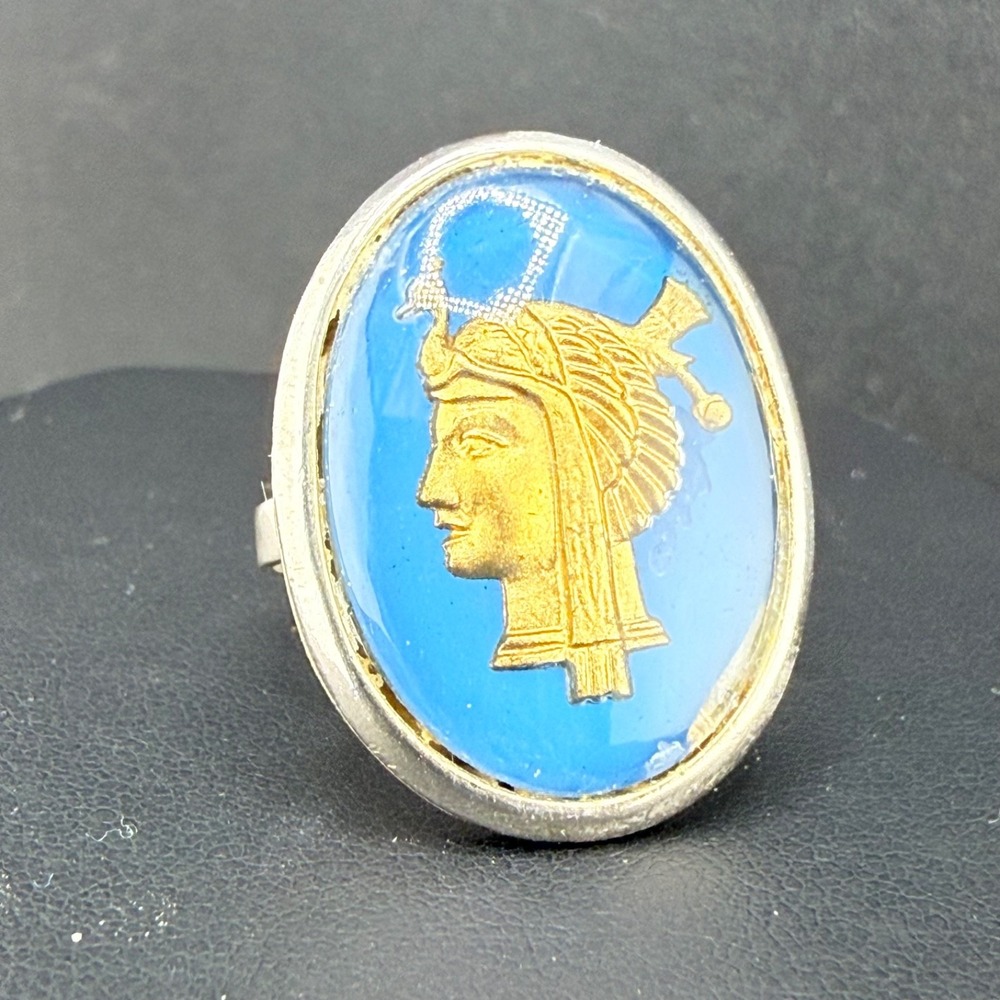 Vintage Estate Egyptian Revival Nefertiti Ring Blue Gold Tone Adjustable 7.75